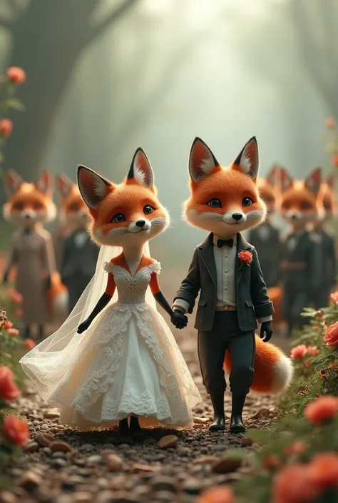 A fox in a wedding dress A fox holding the groom&#39;s hand A fox wedding (wedding dress version) A line of foxes in formal attire A fox procession Realistic 3D animation photorealistic A mysterious world view A cute fox