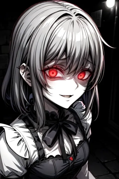 {Yandere maid}, short colorful hair, cute maid outfit, petite and small animal-like, {obsessive love}, wide eyes filled with madness, soft but unsettling smile, heart racing, completely fixated on {her favorite customer}, feeling that he belongs to her, {h...