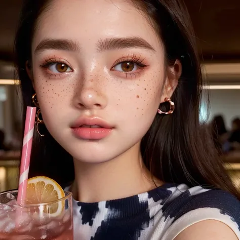 a close up of a woman with a drink and a straw, pop makeup style, rosy cheeks with freckles, red glowing skin, hyperrealistic aesthetic, glossy skin, hint of freckles, sexy face with full makeup, thick fancy makeup, aesthetic face, with freckles, soft frec...