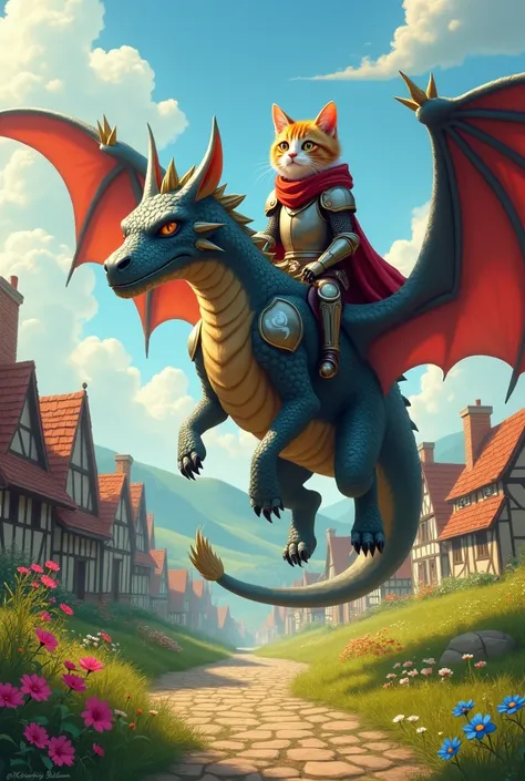 Create a scene of a knight cat riding a dragon landing in an ancient European village filled with colorful flowers and grass.