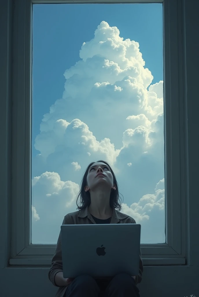 The wind on each floor meets iCloud. What a pity I&#39;m just... Localhost.
I want to create a picture related to the above status describing the lonely mood of a person holding a laptop and looking up at the clouds.