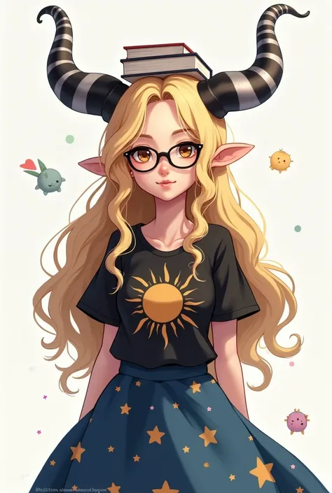 Female character has long blonde hair, has a black shirt with the sun in the middle and has a blue shock with stars and has normal skin and has brown eyes and has black glasses and has a book on her head and has black and white horns