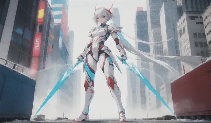 white-haired giantess，pale skin，Big ，White cyan fluorescent line full body tights，red blue armor，slim figure，thigh，Standing，[City，High resolution, 