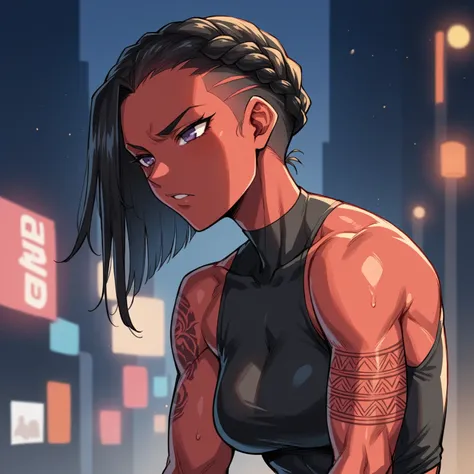 Comics style,young woman with red skin but black hair cut in a braided bob ,african braid,and purple eyes puts on a streetwear . Athletic body , muscular arms,She is tall, street tattoos , legging 
 , sketch ,scenes manga, manga page with panels and dialog...