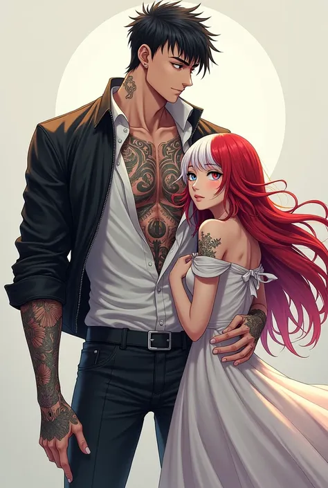 Tall man, bkanco, with tattoos on the chest and arms, short black hair, with red eyes, white shirt and leather jacket.
next to a young woman, long hair, half white, half red, heterochromia in eyes, one grey and the other blue, Princess style dress Anime st...