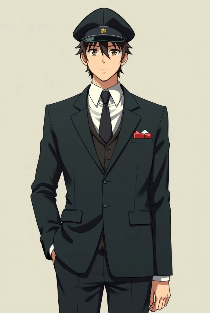 A tall anime man with a black cap, brown eyes and wearing a suit 