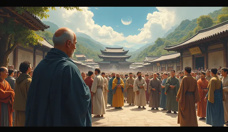 A lively village square where people gather, some confused, others curious, discussing the masters different answers. In the distance, the zen master watches quietly, his face reflecting calm understanding. Old paint style, realistic, 8K resolution.