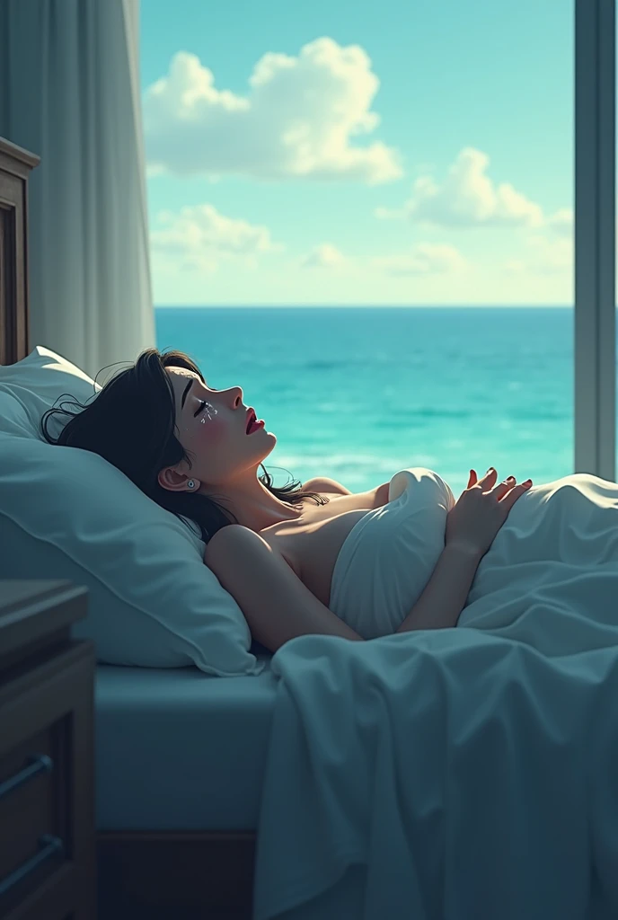 Woman lying in a room facing the sea in a large bed crying so that the other side of the bed can be seen only that the image is horizontal and that she looks depressed and that it is animated 
