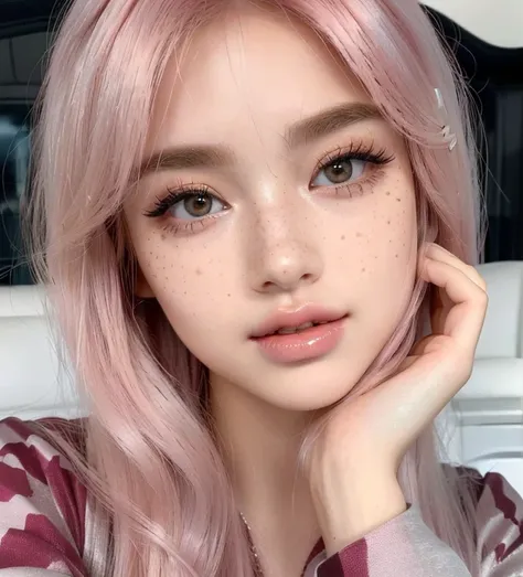 a woman with pink hair and pink makeup posing for a picture, sexy face with full makeup, ava max, belle delphine, beautiful full face, flawless face, full round face, beautiful realistic face, realistic beautiful face, doll face, pop makeup style, kailee m...