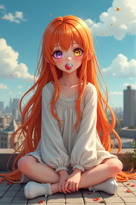 A 1 girl with long bright orange hair, a purple eye on her left side and a light green eye on her right, sitting on a rooftop with a candy in her mouth.