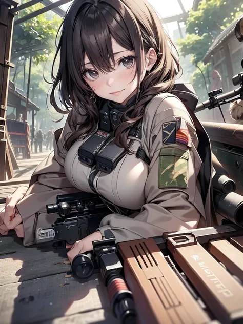 (masterpiece),(Best Quality),(High resolution),(Very detailed),One Woman,4,Mature Woman,Japanese,Black Hair,Short Bob,Beautiful Eyes,Long eyelashes,Beautiful Hair,Beautiful Skin,strict,whole body,break(((aim at something with a sniper rifle))),((View attra...