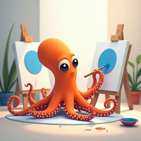 Smooth digital, a orange octopus, a creature, one octopus, thinking expression, a  (octopus) drawing a blue circle on a art canvas, drawing blue ink, octopus holding a paintbrush with tentacle, simple art studio, simple background, planted pots, soft light...