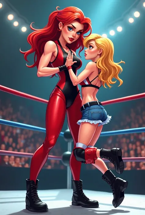 Cartoon style image, 2 female wrestlers. Anya fiery red hair,  red and black body suit,  510, fair skin.  Olivia, 52 ninety blonde hair, black boots,  1 red,  1 blue knee oad, jean cut off , frayed shorts with black belt,  red white and blue sports bra. An...