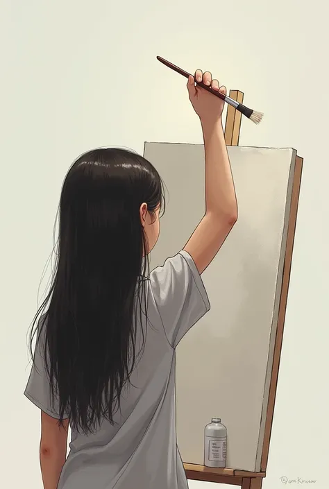 A girl, right hand above head, holding up a brush on a canva, brushing on the canva. Facing full backwards on the screen. Only hair can be seen. No face can be seen. Wearing a shirt.