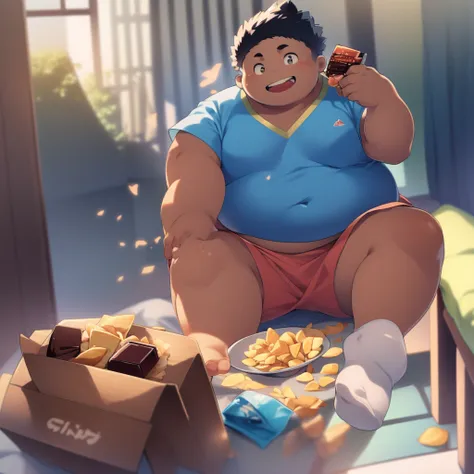 fat boy sitting on the bed and eating chocolate and some chips and his mouth and clothes are full of crumbs，obese，beautiful，t-sh...