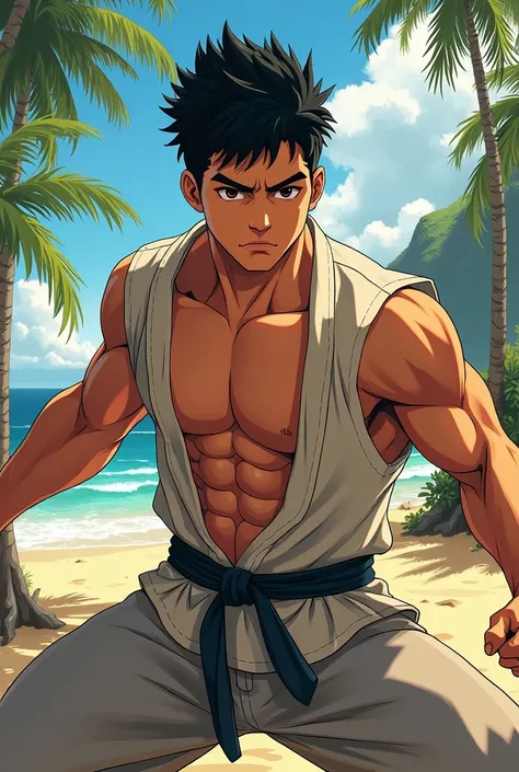 Martial artist Young hawaian brother with short hair anime style (muscular) (male) (short hair) (hawaian) (fighter) (anime style)