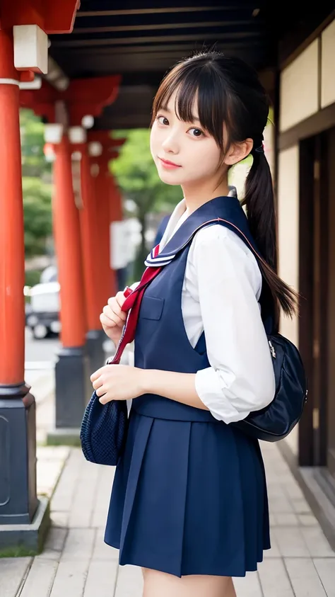 high quality、masterpiece、detailed、Accurate、Delicate，girl、20 years old、Navy blue sailor suit with red sailor tie，Pigtails，shrine，torii，Student carrying bag in front of him，Japan，