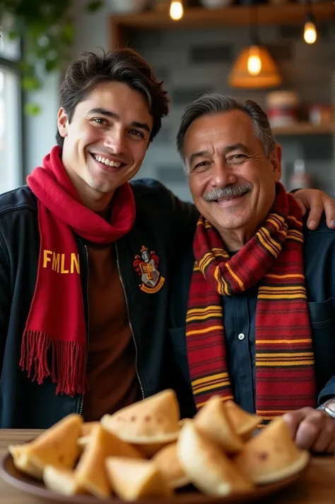 Haz a Harry Potter ( Daniel Radcliffe) with a red scarf that says FMLN and next to the former president of El Salvador ( country of Central America ) Mauricio Funes  ( Carlos Mauricio Funes Cartagena) wearing a scarf that says Gryffindor on a background ea...