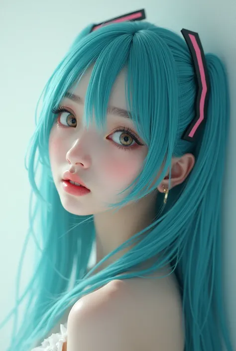 Hyper realistic portrait of miku hatsune as if she was a real woman in real life