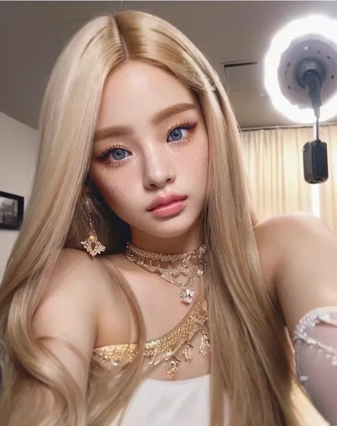 blond barbie doll with long hair and gold jewelry taking a selfie and golden eyes, instagram model, hyperrealistic aesthetic, bl...