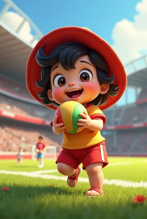 A  baby with black wavy hair, small brown eyes, medium mouth, wearing a blue blouse with red sleeves, a large red cap with a brim, and red shorts holding a ball in a sports landscape 