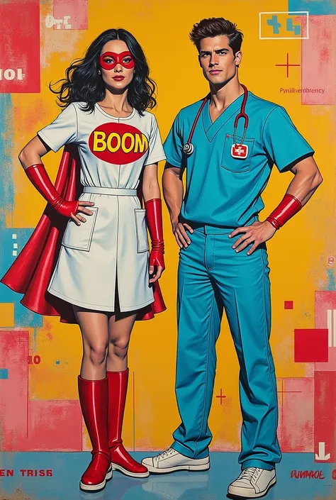 Create a painting that looks like it was made with pencil and colors, pop art style that is very pop art, You can use female superheroes but they have to have the letters boom and everything that characterizes pop art., It has to look very much like it was...