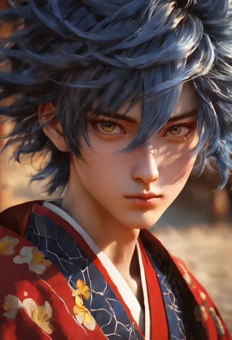 Realistic Giyu tomioka, a boy with realistic detailed flowy blue hair, beautiful detailed eyes, detailed facial features, a beautiful intricate red, blue and yellow kimono, dramatic lighting, anime style, (best quality,4k,8k,highres,masterpiece:1.2),ultra-...