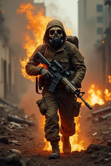 
A soldier with a skull face wearing a gas mask on fire against a war background holding a rifle with writing "QRTN" highlighted in large 