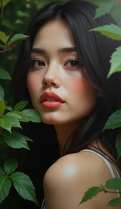 High-quality realistic acrylic art, vivid colors, (best quality, 4K, 8K, high-resolution, masterpiece), ultra-detailed, photorealistic,a black and white painting of a woman in a garden, beautiful detailed eyes, beautiful detailed lips, extremely detailed e...