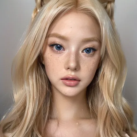 a close up of a doll with blonde hair and blue eyes, long blonde hair and large eyes, long blonde hair and big eyes, blonde hair...