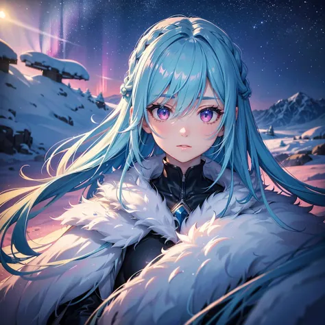 (Braided medium sky blue hair), (Pink Eyes),Fair skin) ,(whole body),(One Girl),(masterpiece, Highest quality, Fur coat,Very detailed, Best Shadow), (Detailed Background), (Beautifully detailed face), High Contrast, (Best lighting, Very delicate and beauti...