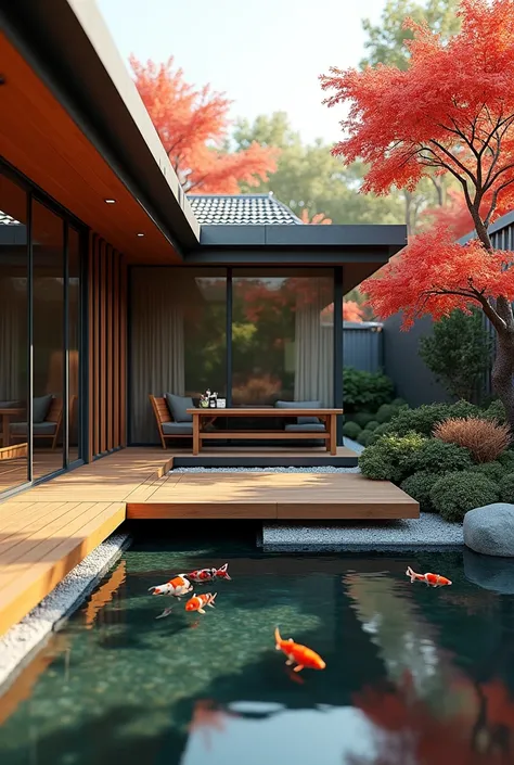 Corner of modern house with garden with Japanese garden with koi fish and aquatic plants, wooden bench and modern wooden bridge and a Japanese maple. 