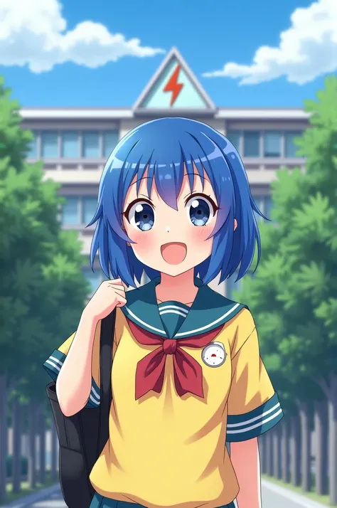 Blue hair kid whit a school japanese yellow uniform 
and a happy face looking at a school with a lightning icon at the top