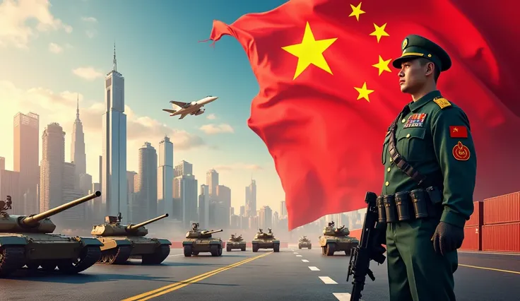 "A powerful visual composition symbolizing China&#39;s rise as an economic and military power. Left, a modern skyline of chinese cities, with shiny skyscrapers and elements like cargo containers and factories, representing economic dynamism. On the right, ...