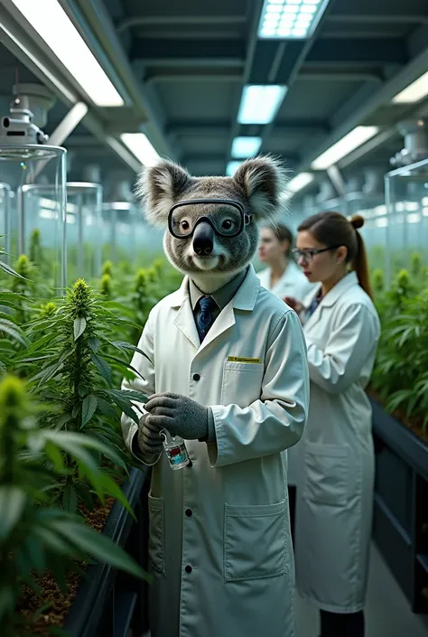 A scientific laboratory with several marijuana plants with several glass jars with marijuana shrimps inside and a koala in a scientist&#39;s outfit with several growers with LED lighting illuminating the marijuana plants 