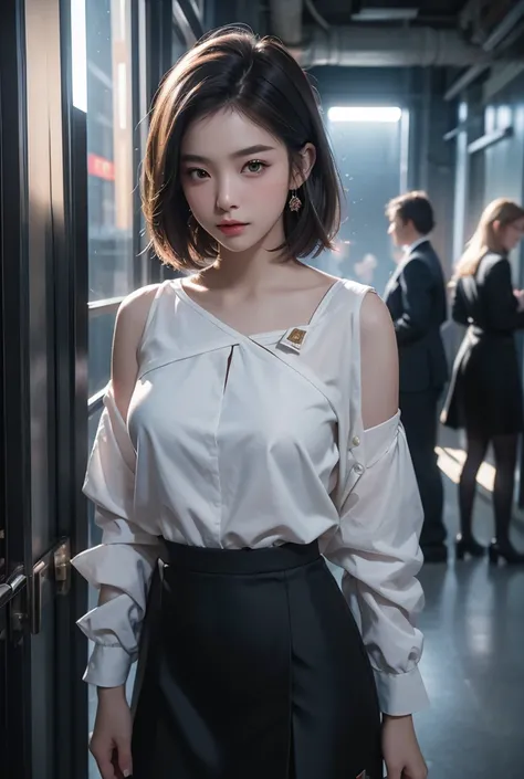 ((Office Lady))、((Suit skirt))、Young woman、20 years old、Short Bob、cute、Beauty、Background office、best quality,4K,8k,highres,masterpiece:1.2),ultra-detailed,(realistic,photorealistic,photo-realistic:1.37),HDR,UHD,studio lighting,ultra-fine painting,sharp foc...