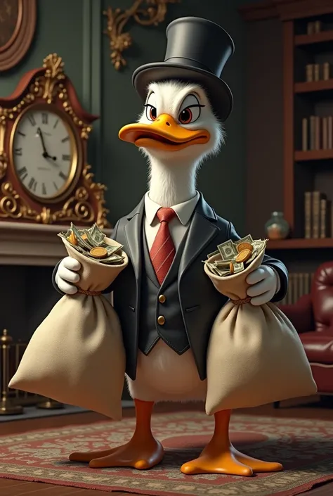 rich uncle duck with two bags of money in his hands 
