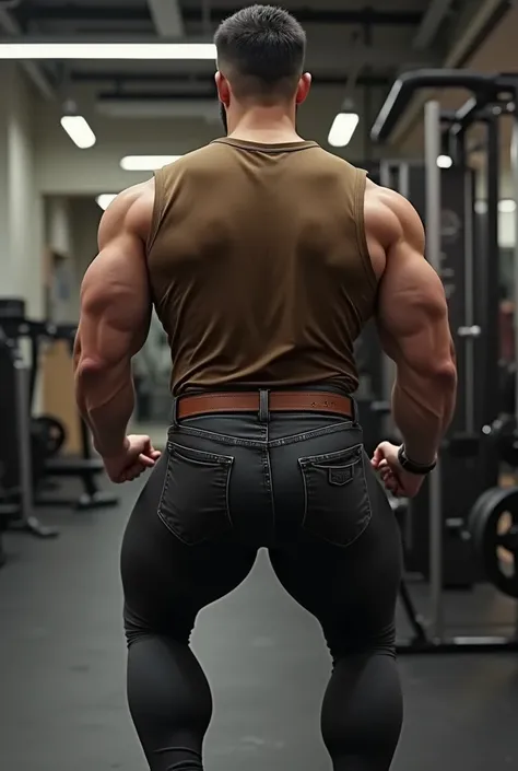 Dexter, handsome 30 years old man, muscular body, short beard, brown shirt, brown belt, thight black jeans, (((Big Bubble butt))) (((backside))) doing squats inclined in the gym backside 