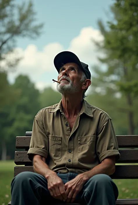 A man with homeless shirt, wearing black trucker heat, a cigarette in the mouth, looking in the sky, sitting in the park