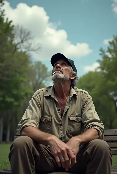 A man with homeless shirt, wearing black trucker heat, a cigarette in the mouth, looking in the sky, sitting in the park