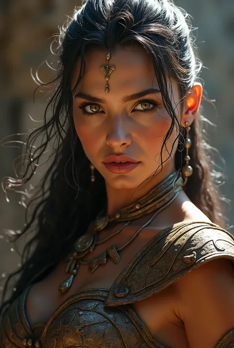 a beautiful woman warrior with fierce eyes, high cheekbones, full lips, detailed facial features, intricate costume and armor, dramatic lighting, hyper-realistic digital painting, cinematic composition, vibrant colors, masterpiece, 8k, extremely detailed, ...