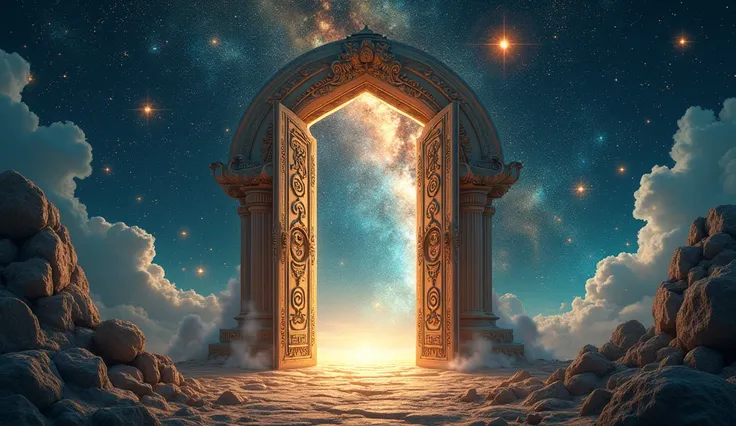 An enchanting scene of a mystical door opening to a celestial world filled with zodiac symbols and cosmic energy. The atmosphere is captivating, inviting viewers to step into a new realm of understanding. --ar 16:9