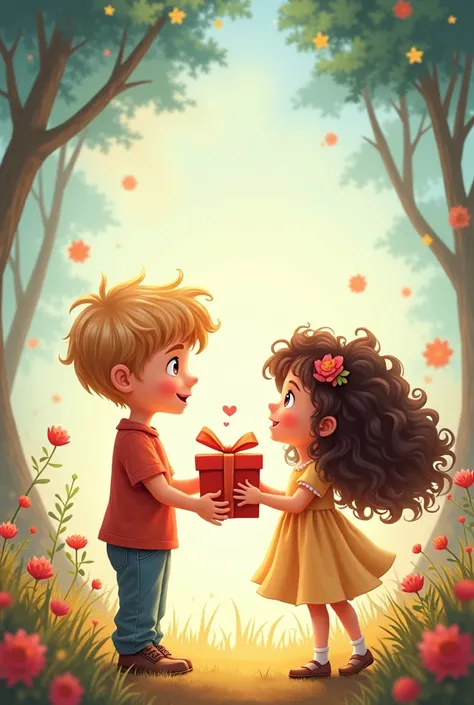 a cover of a "surprise gift" book a tall white boy with blond hair and a girl with brown curly hair