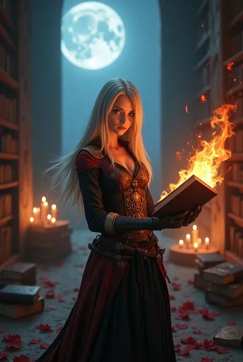 Positive Prompts: "A slender blonde girl with long, straight hair flowing below her waist, and piercing blue eyes. She is dressed in a vampire hunter outfit, holding an ancient, flaming book in her hands, as if conjuring a spell. The scene is set in an old...