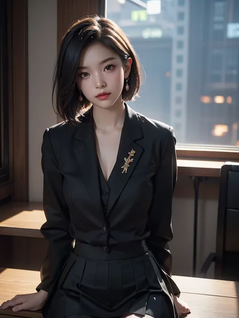 ((Office Lady))、((Suit skirt))、Young woman、20 years old、Short Bob、cute、Beauty、Background office、sitting on desk、best quality,4K,8k,highres,masterpiece:1.2),ultra-detailed,(realistic,photorealistic,photo-realistic:1.37),HDR,UHD,studio lighting,ultra-fine pa...