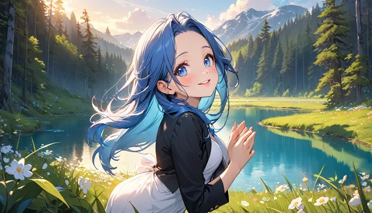 (panoramic), (beautiful and delicate) (best nature), (dynamic pose, )solo:2, (beautiful detailed forehead) (best beauty blue hair long hair) (immensely cute girl is 15 yo) (best cute blue eyes, beauty glossy lip),  (cute makeup-face, happy smile), (small t...