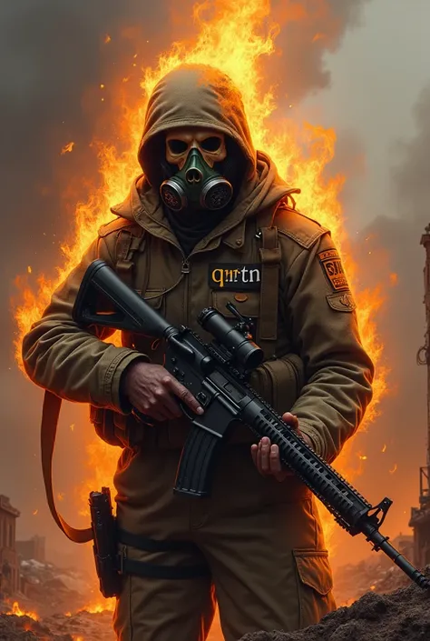 
A soldier with a skull face wearing a gas mask on fire on a war background holding a rifle with the word "QRTN"
