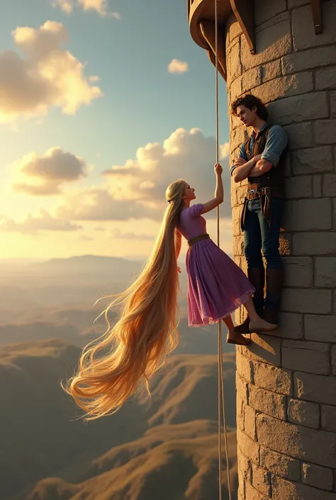 High angel, wide shot.
Rapunzel go down the tower using the rope, her long hair trailing behind her. Her face is filled with a mixture of excitement and fear, her arms slightly spread as she takes in the sensation of freedom. Flynn stands behind her, leani...