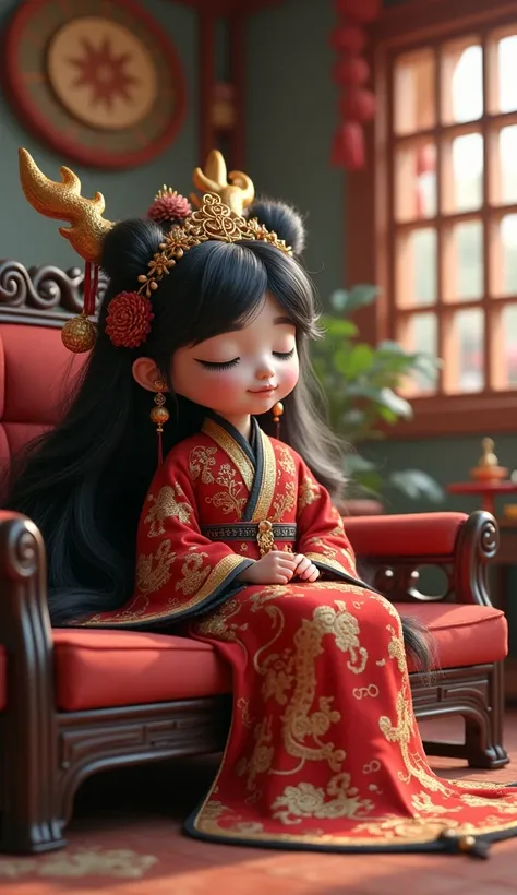 Dragon Palace,in the living room,Q version,2.5D,Cute and silly,Chinese style black dragon princess,Long black hair,dragon hair accessories,Big breasts,Wearing a black ancient Chinese fairy embroidered robe，Lying on the bench,sleep