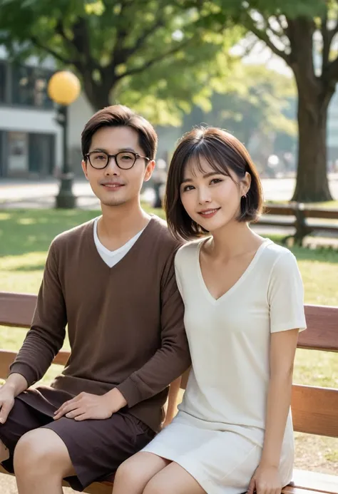 2 persons,their faces are facing the camera
Ema(40 year asian woman,wearing a brown v neck  dress knit)
Eka(50 yar asian man,very short hair,plump body,wearing glasses, a white  long t- shirt knit,and brown short cargo)
the two of them were sitting togethe...